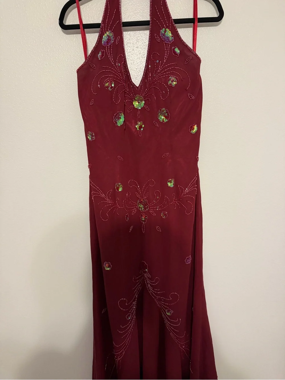 Vintage May Queen Couture Red Beaded Halter Gown • Y2K Fairy Prom Dress